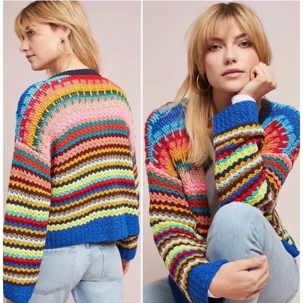 Moth Sweater Small Betty Knit Cardigan Multicolor Crochet Open Knit Boho Artsy - Picture 4 of 15